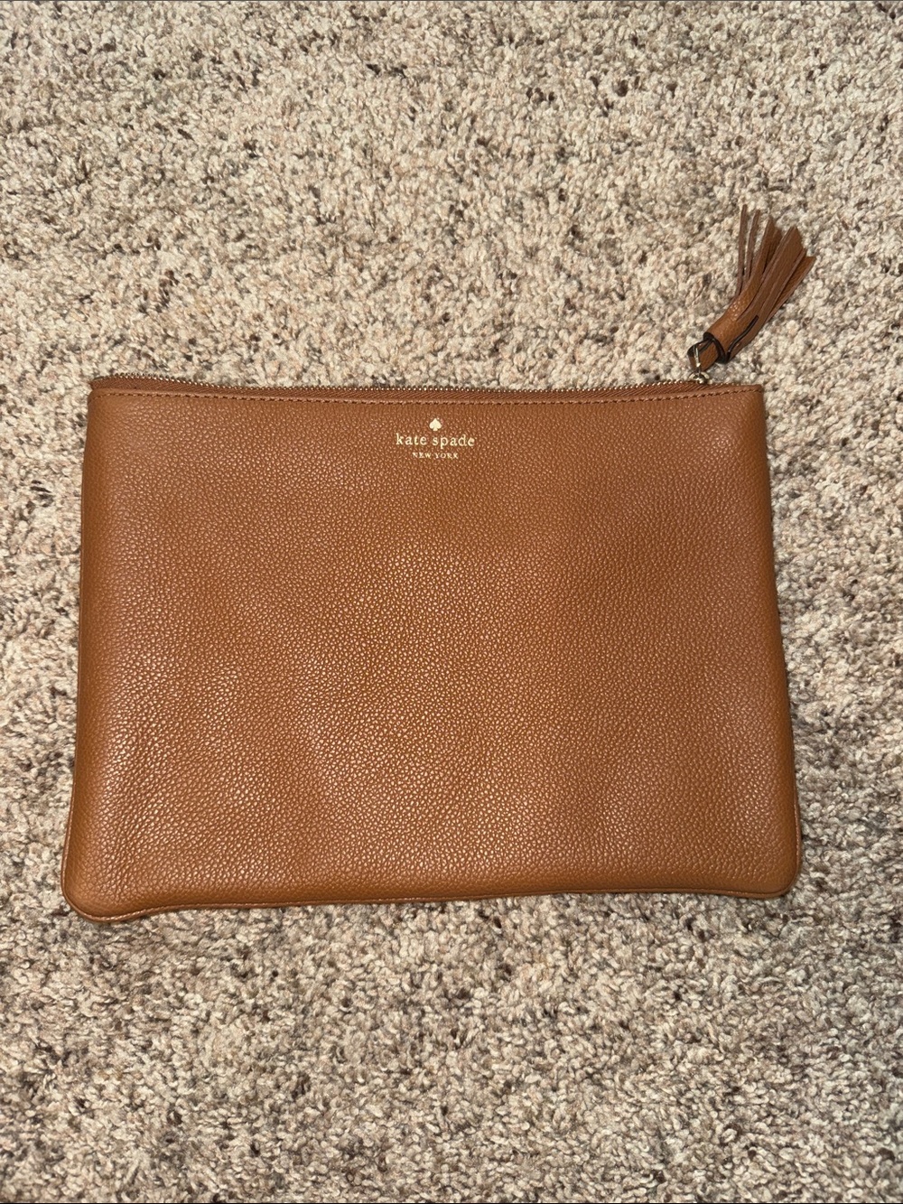 kate spade Tan Pebbled Leather Tassel Zip Pouch